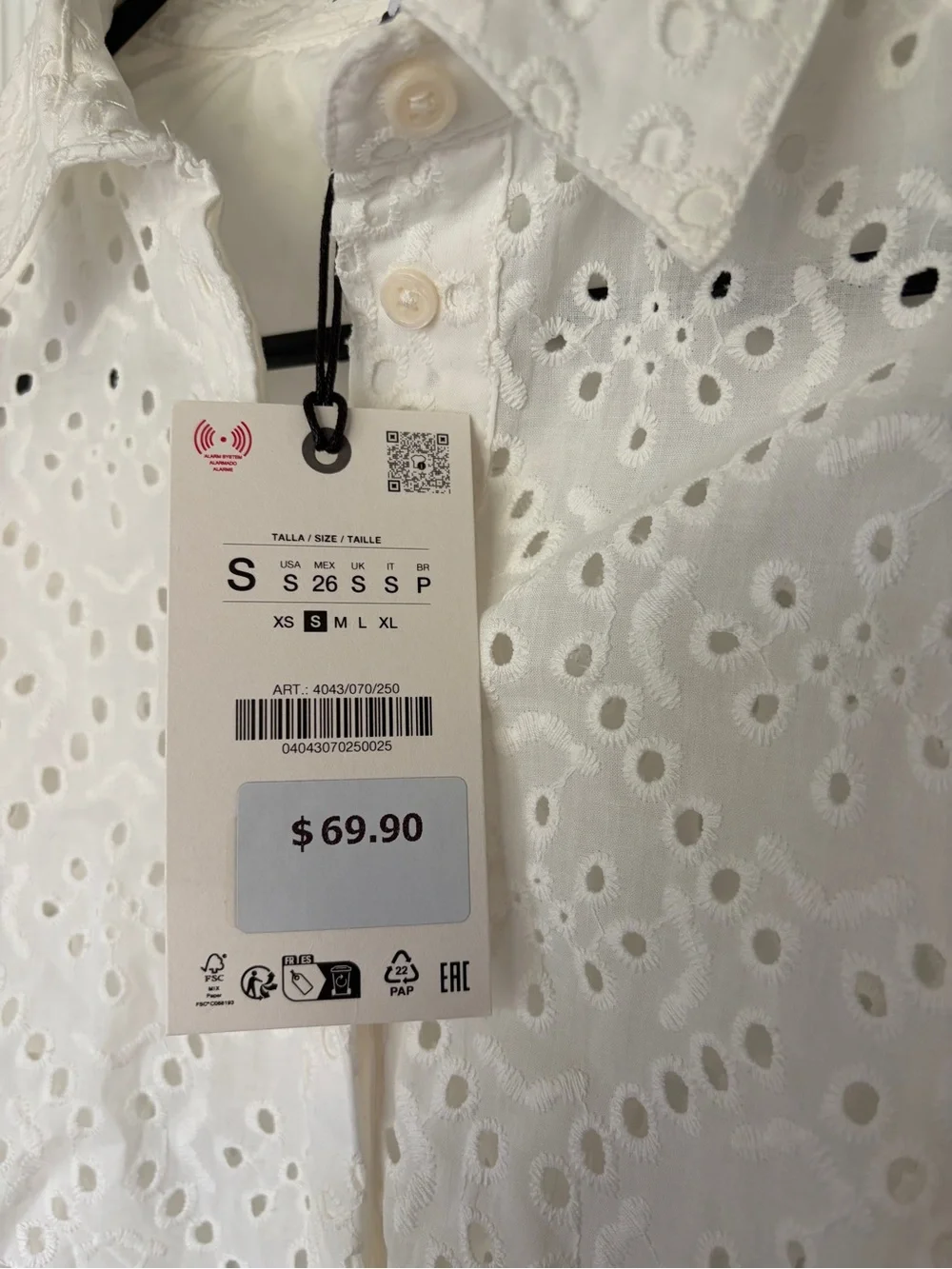 NWT Zara cotton embroidered eyelet summer blouse Small Ref. 4043/070